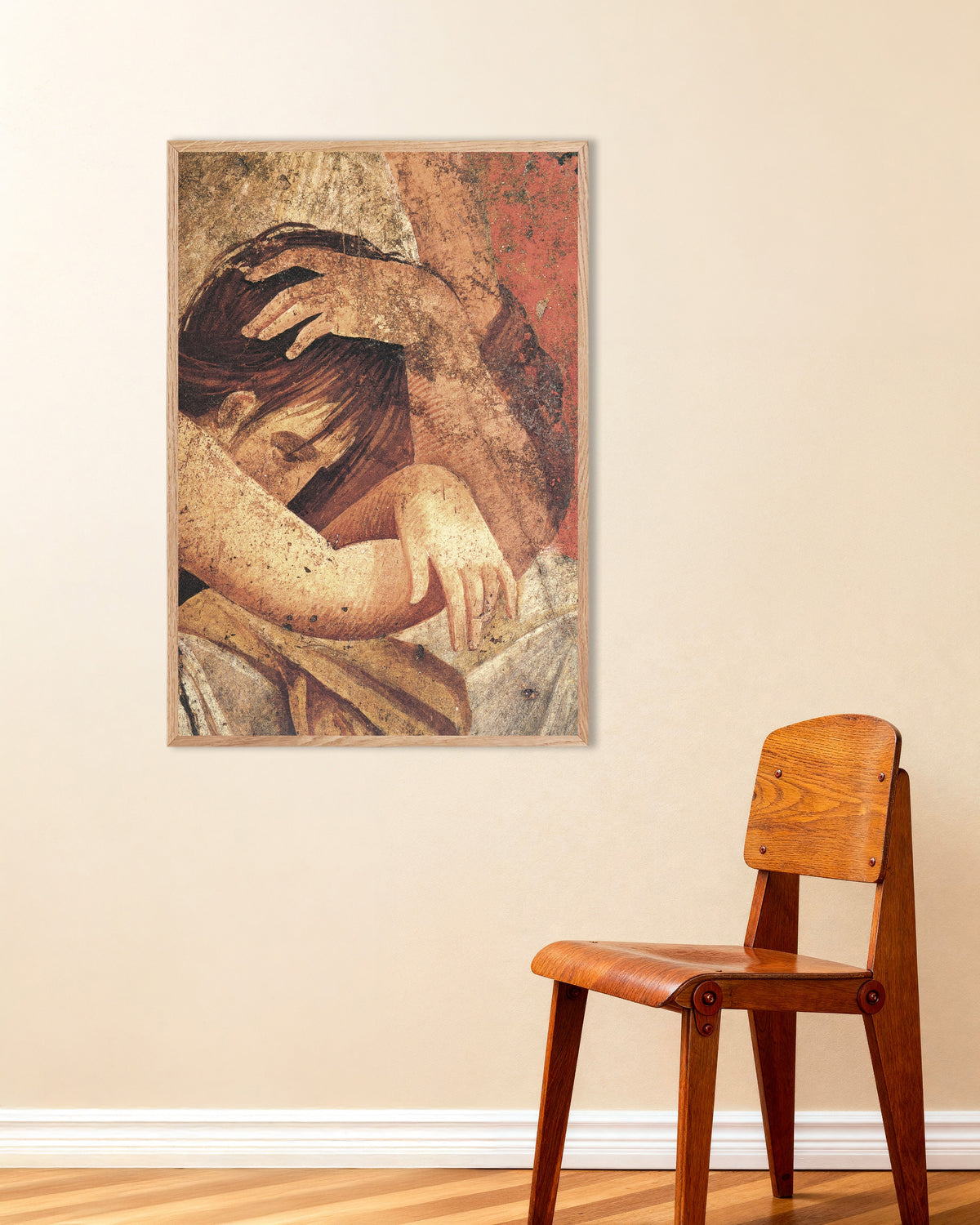 Initiate seeking comfort fresco detail poster from the Villa of the Mysteries, in a natural wooden frame
