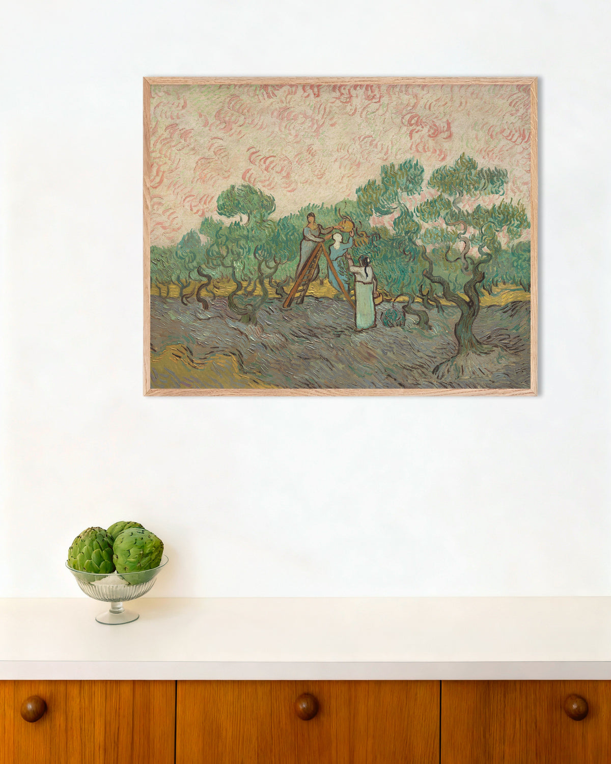 Poster of Women Picking Olives (1889) by Vincent van Gogh, with natural wooden frame