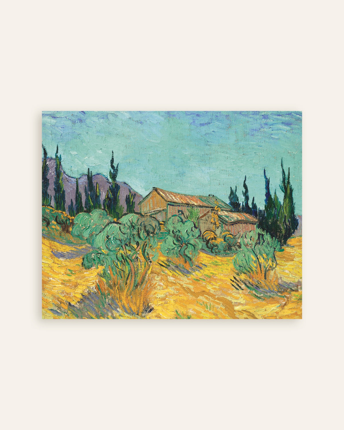 Poster of Wooden Huts among Olive Trees and Cypresses (1889) by Vincent van Gogh, thumbnail