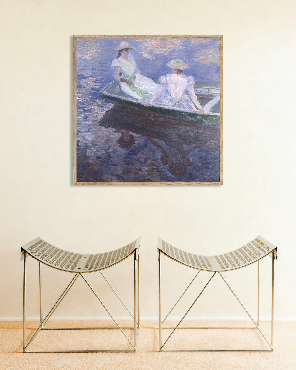 Poster of Young Girls in a Boat (1887) by Claude Monet, with natural wooden frame